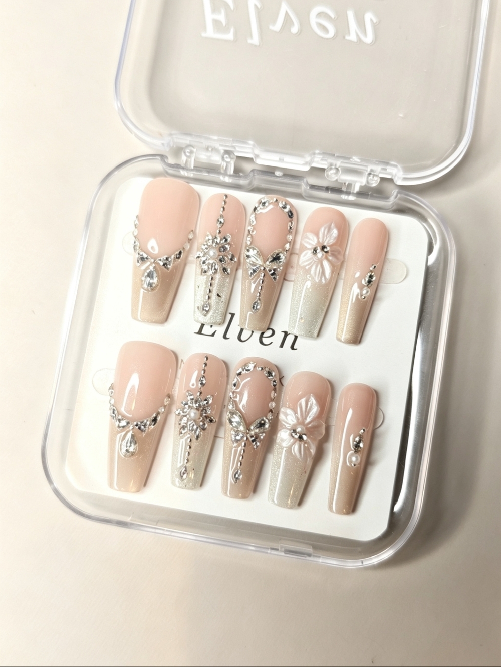 Elegant Nude and Silver Handmade Press-On Nails With Rhinestone Long Coffin
